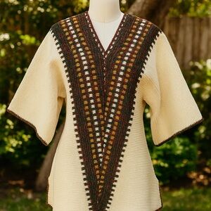 boho tunic sweater cream and brown v-neck retro cottagecore fashion vintage